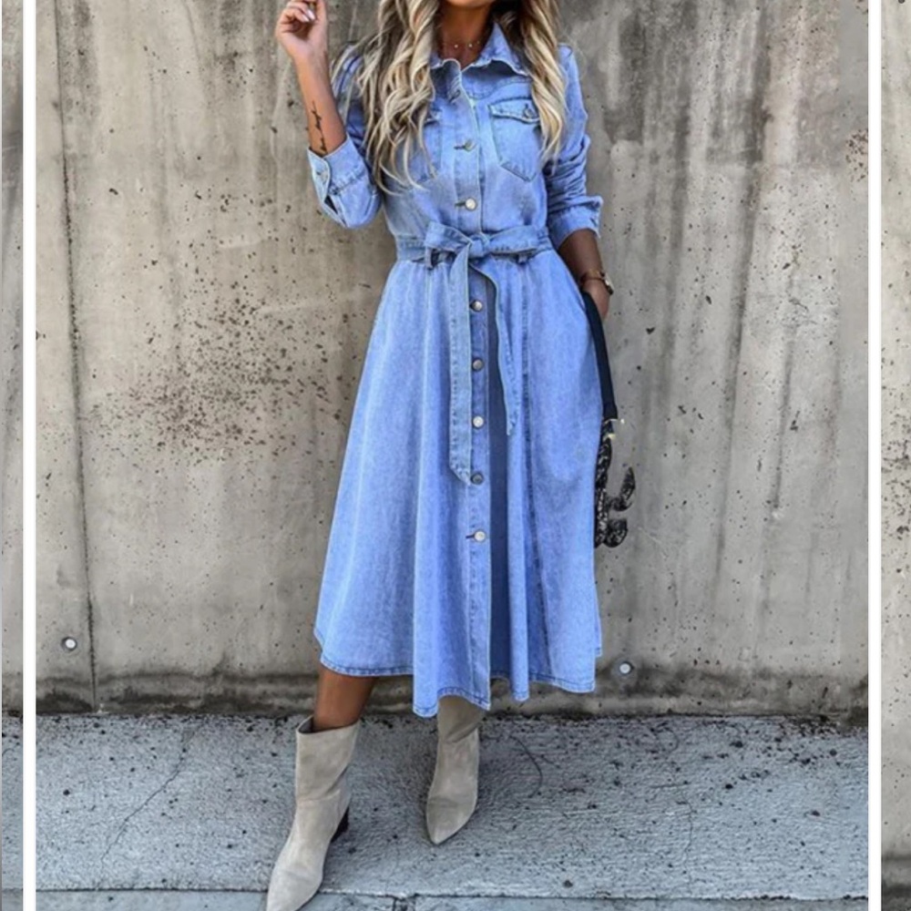 Boho Country Western Denim High Waist Flare Midi Dress